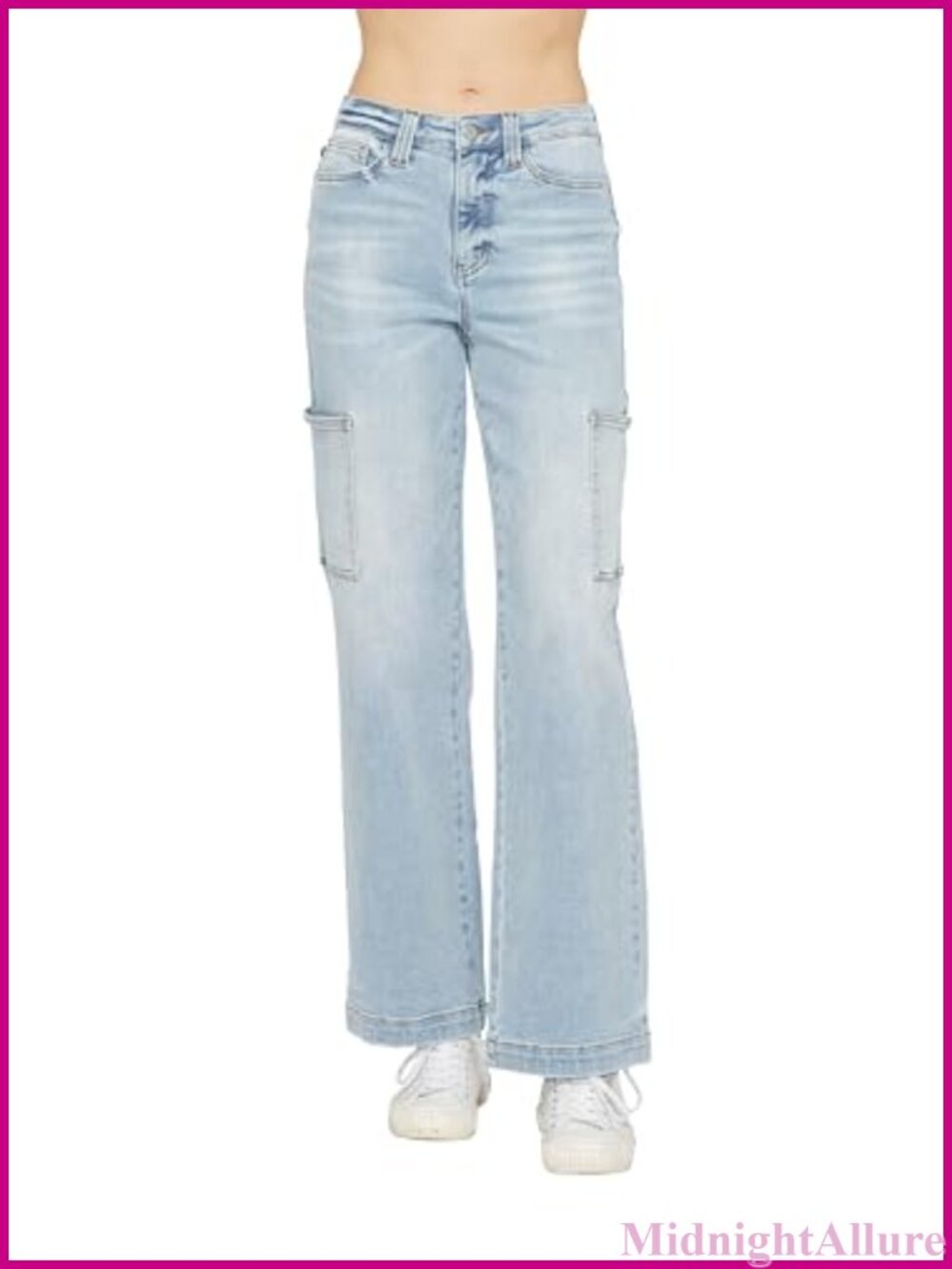 High Waisted Cargo Wide Leg Jeans 32" Inseam Cotton Blend